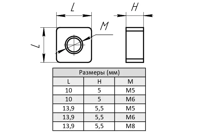 Гайка квадратная для алюминиевых профилей М6х10, ALF-SQNM6-10
