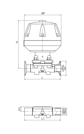 Пневматический мембранный клапан (привод с грибовидной головкой)
(Уплотнение 50, разммер DN65 2,5")