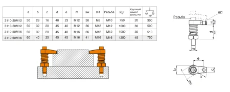 M-3110-50M12 Прижим поворотный Г-образный с шестигранной основой