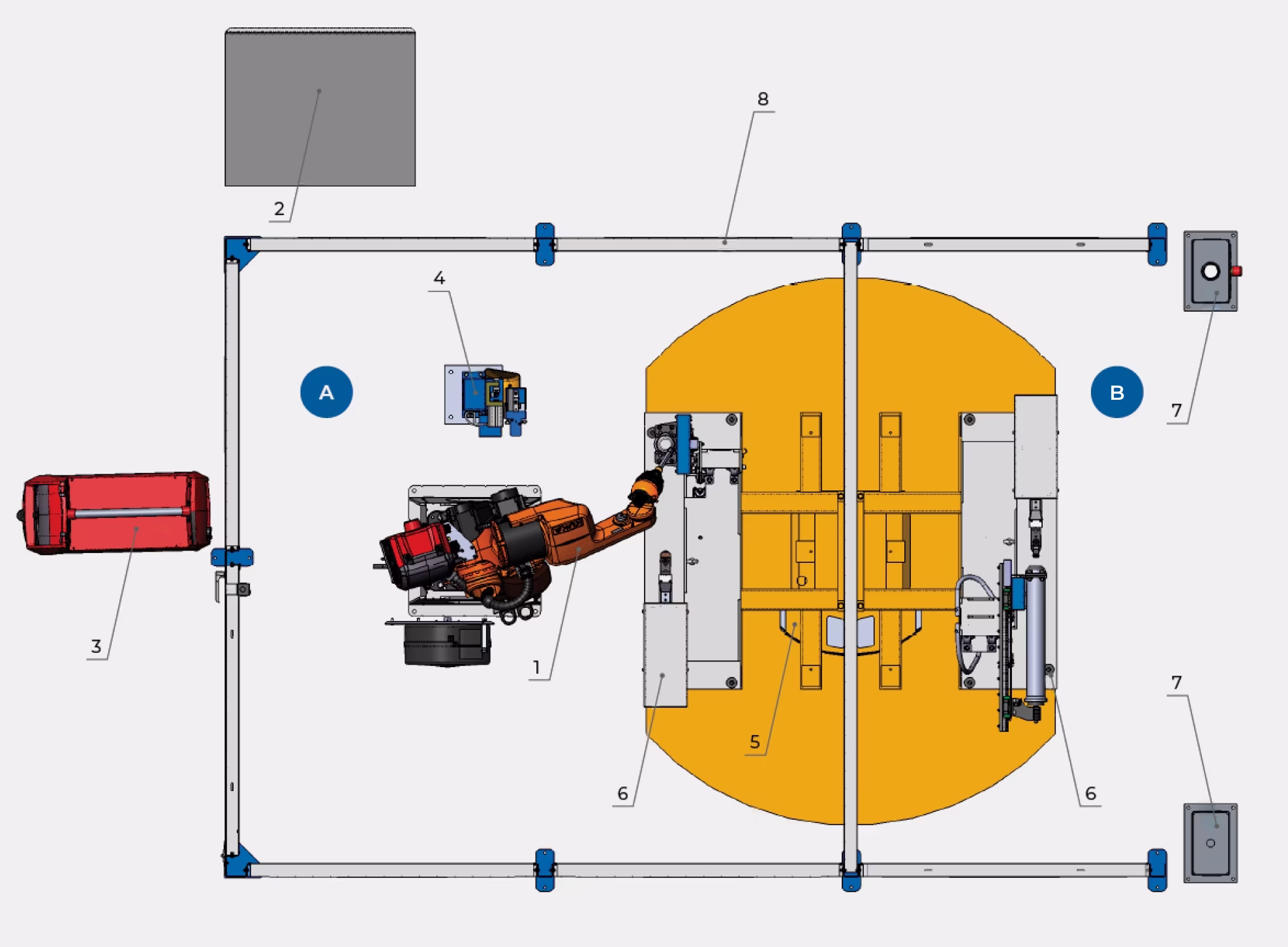 Workstation layout of the robotic complex for MIG/MAG welding of shock absorber rods and housings