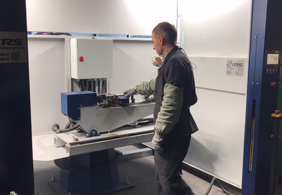 Извлечение готового изделия, установка очередных деталей для сварки на роботизированном комплексе